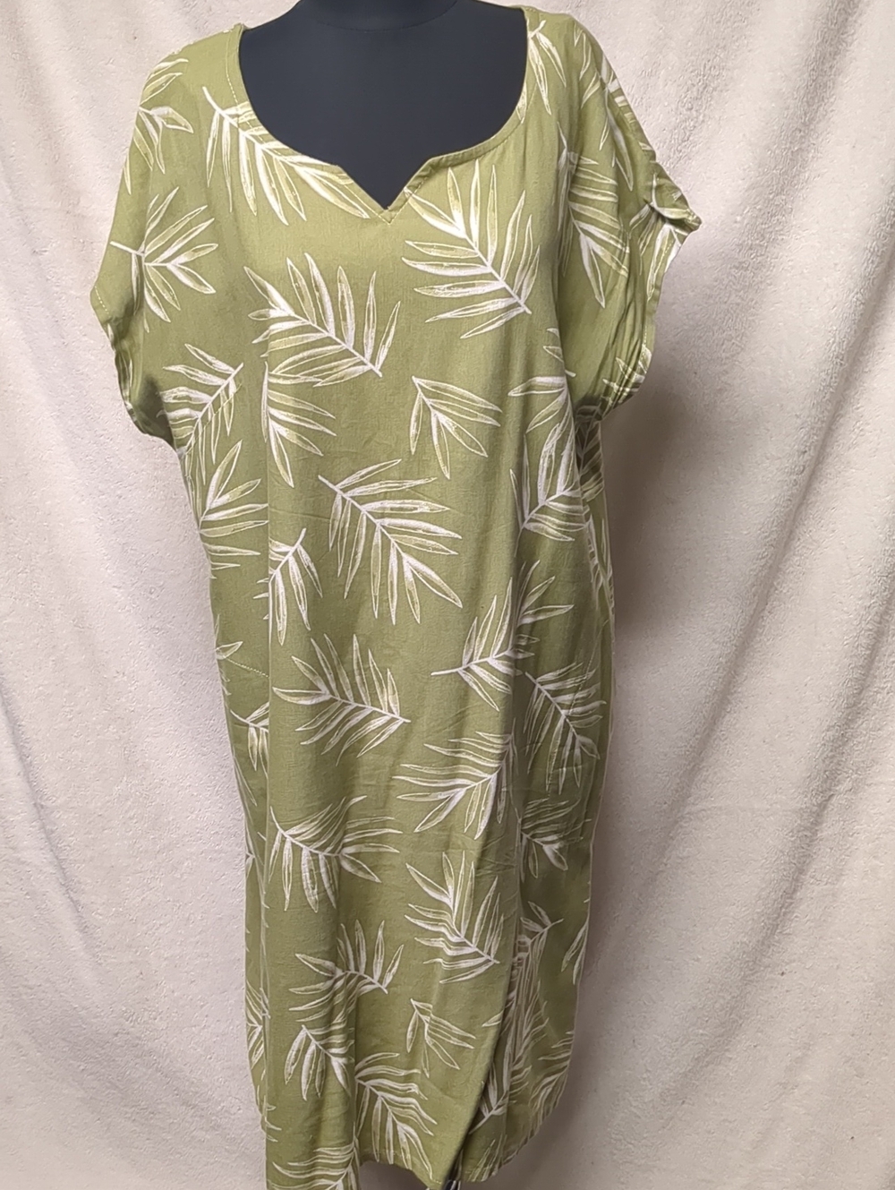 Olive Green Palm-Print Women's Tunic Dress